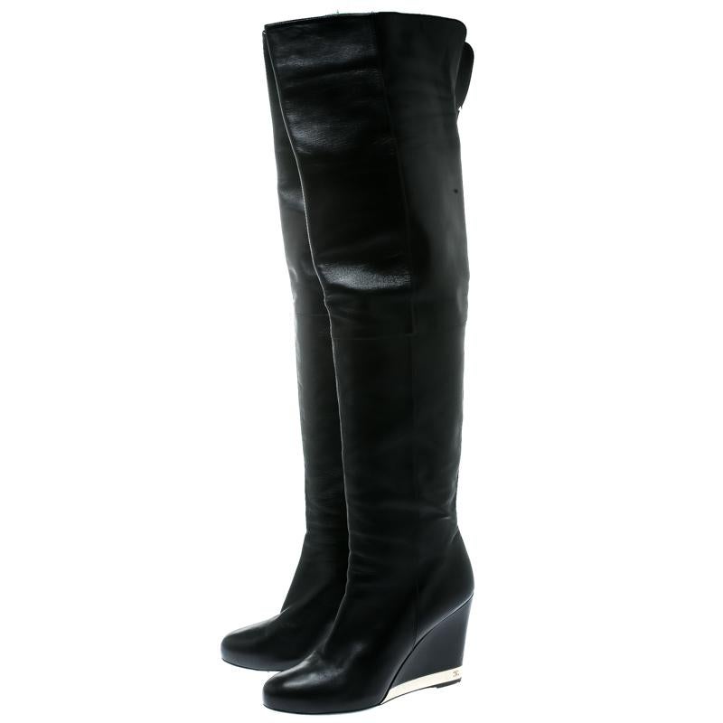 Chanel Black Leather Wedge Heel Over The Knee Boots Size 39.5 3