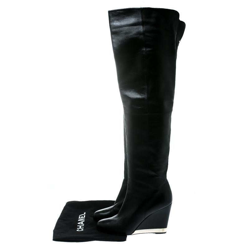 Chanel Black Leather Wedge Heel Over The Knee Boots Size 39.5 4