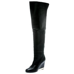 Chanel Black Leather Wedge Heel Over The Knee Boots Size 39.5