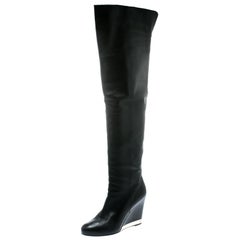 Chanel Black Leather Wedge Heel Over The Knee Boots Size 39.5