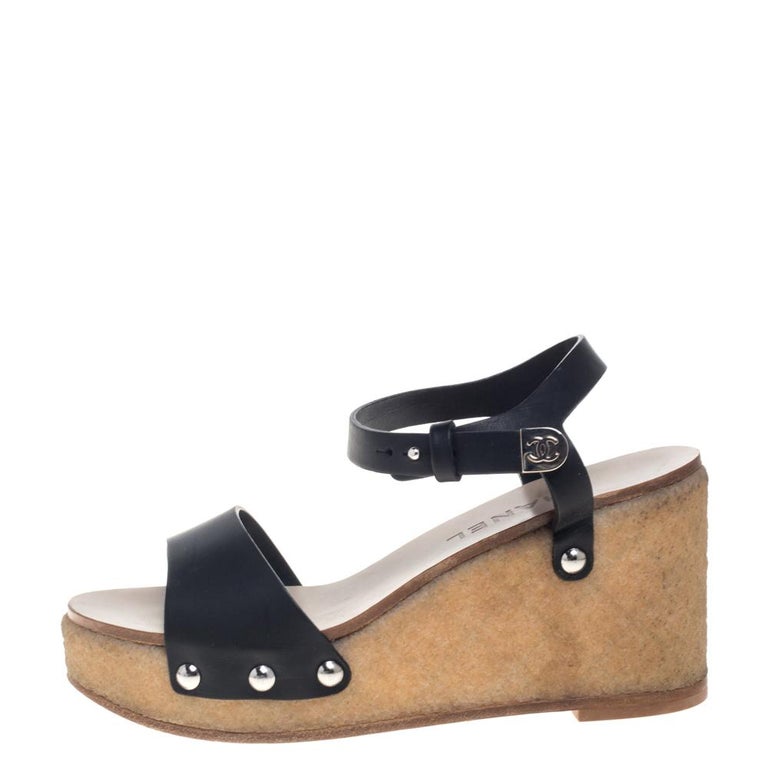 Chanel Black Leather Wedge Platform Sandals Size 37 at 1stDibs
