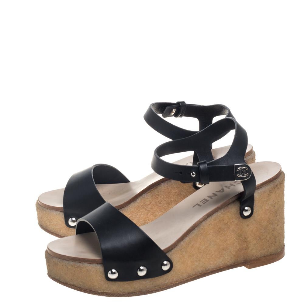Brown Chanel Black Leather Wedge Platform Sandals Size 37