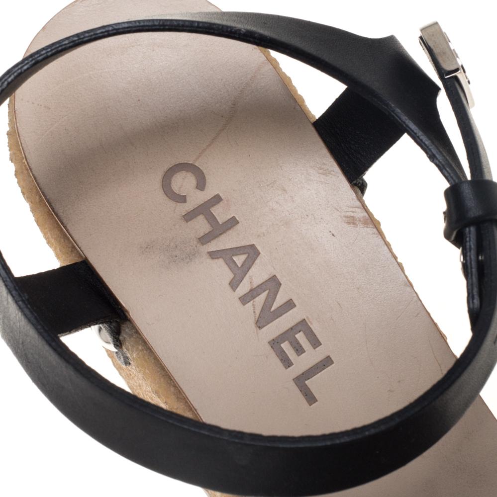 Chanel Black Leather Wedge Platform Sandals Size 37 2