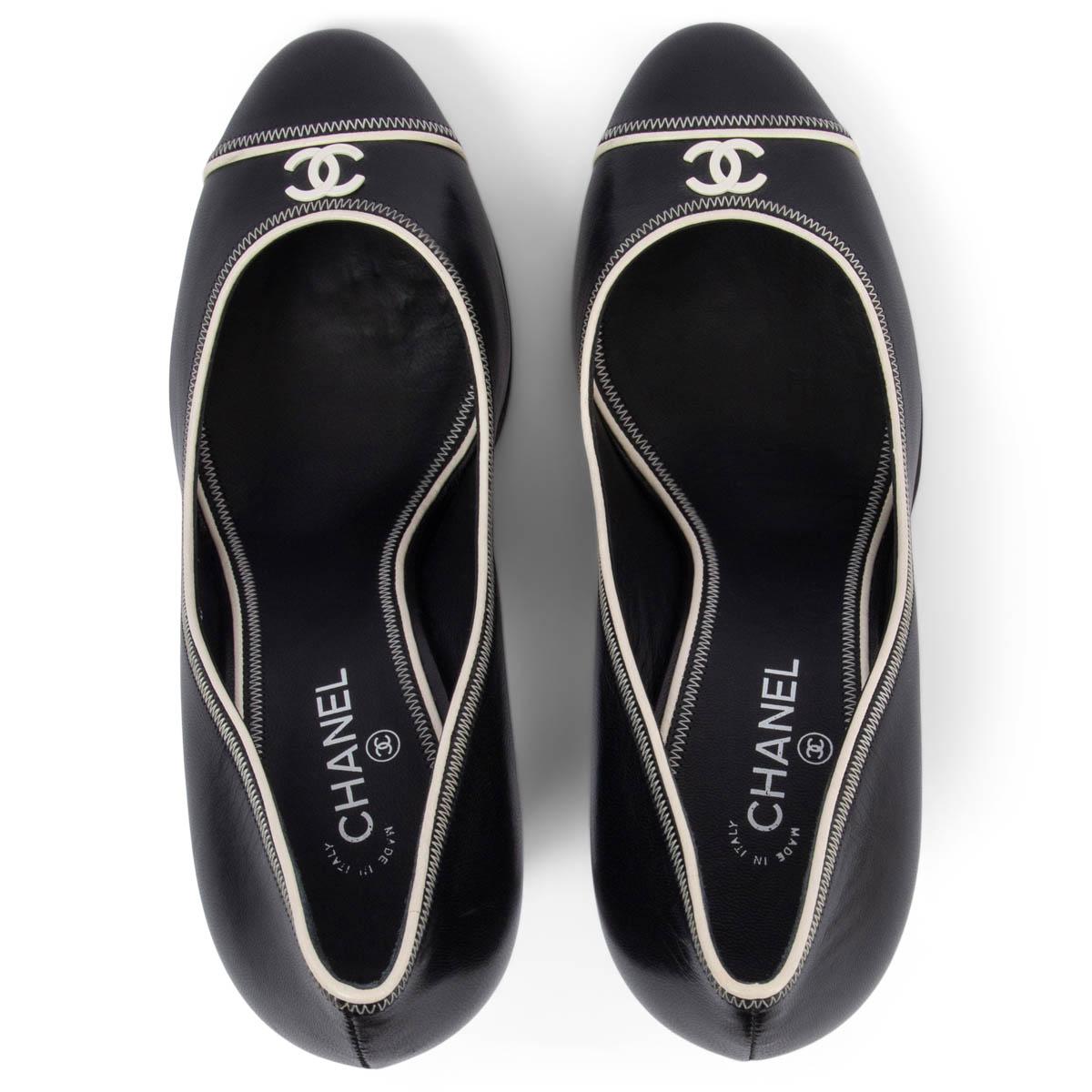 Women's CHANEL black leather WHITE CONTRAST TRIM Round Toe Pumps Shoes 36