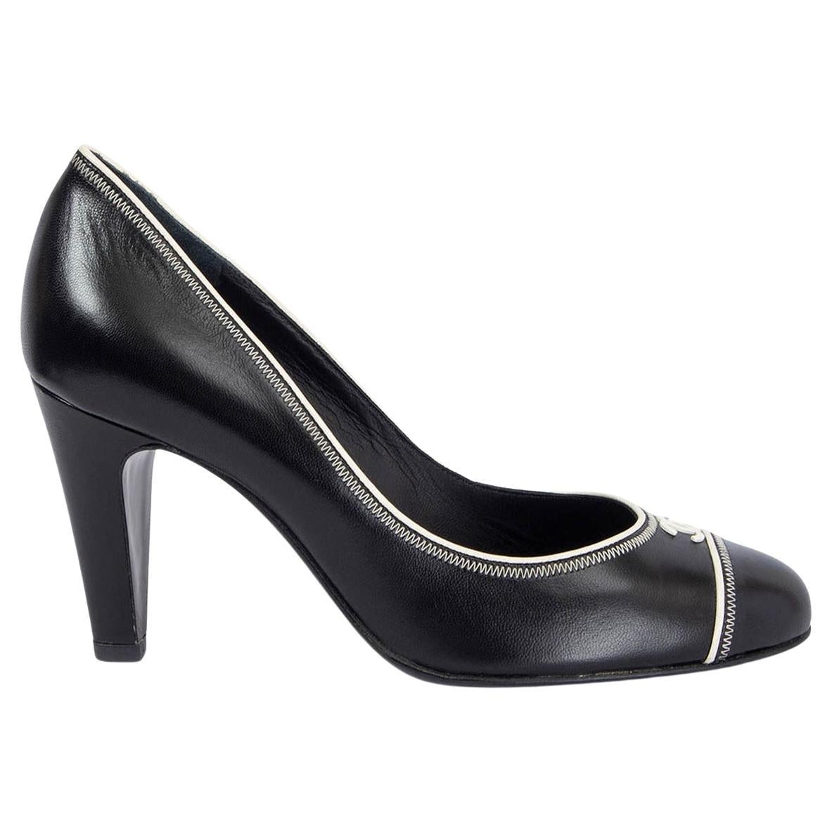 Chanel Black Leather White Contrast Trim Round Toe Pumps Shoes 36