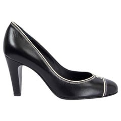 CHANEL black leather WHITE CONTRAST TRIM Round Toe Pumps Shoes 36