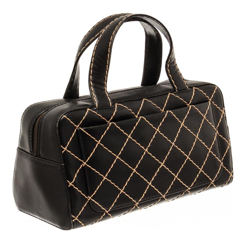 Chanel Black Leather Wild Stitch Tote Handbag In Good Condition In Irvine, CA