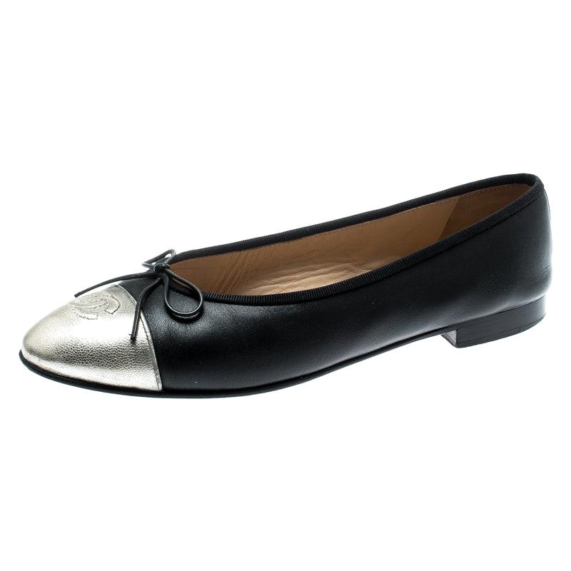 Chanel Black Leather With Metallic Silver CC Cap Toe Bow Ballet Flats Size  40