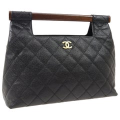 Chanel Black Leather Wood Bar Top Handle Satchel Evening Clutch Bag 