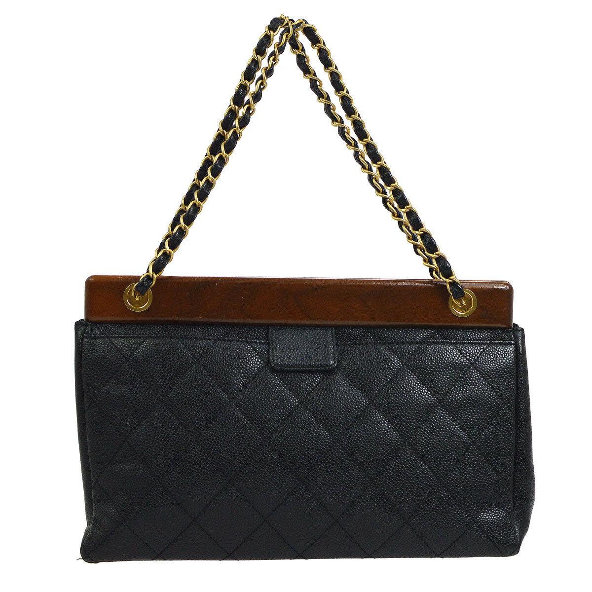 Chanel Black Leather Wood Gold Evening Shoulder Flap Bag In Good Condition In Chicago, IL