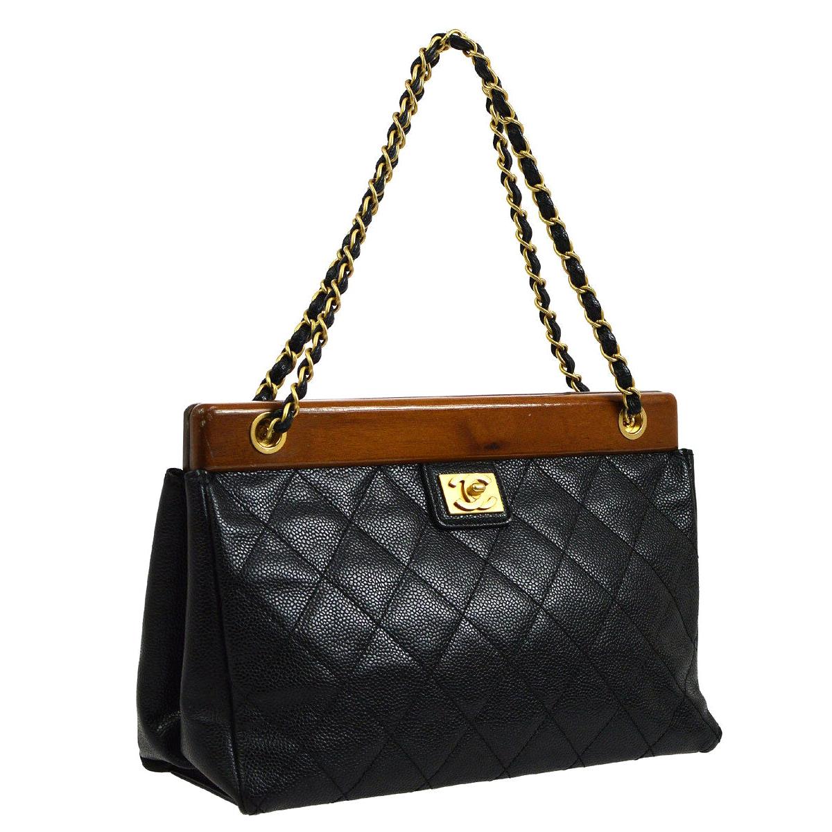 Chanel Black Leather Wood Gold Evening Shoulder Flap Bag