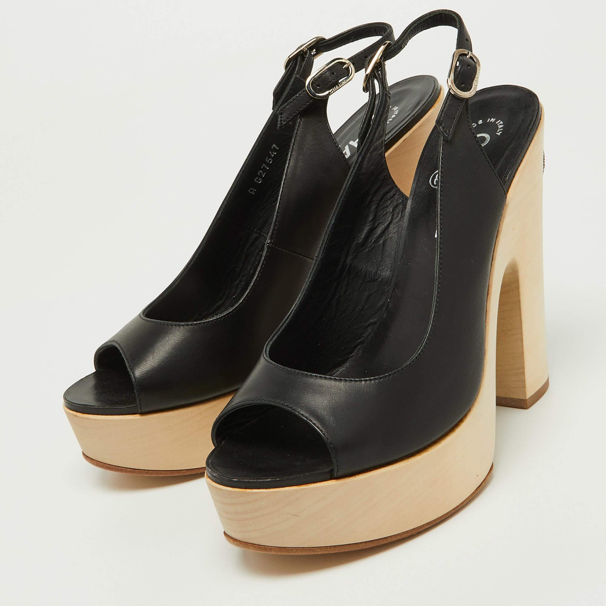 Chanel Black Leather Wooden Block Heel Slingback Platform Pumps Size 39 For Sale 1