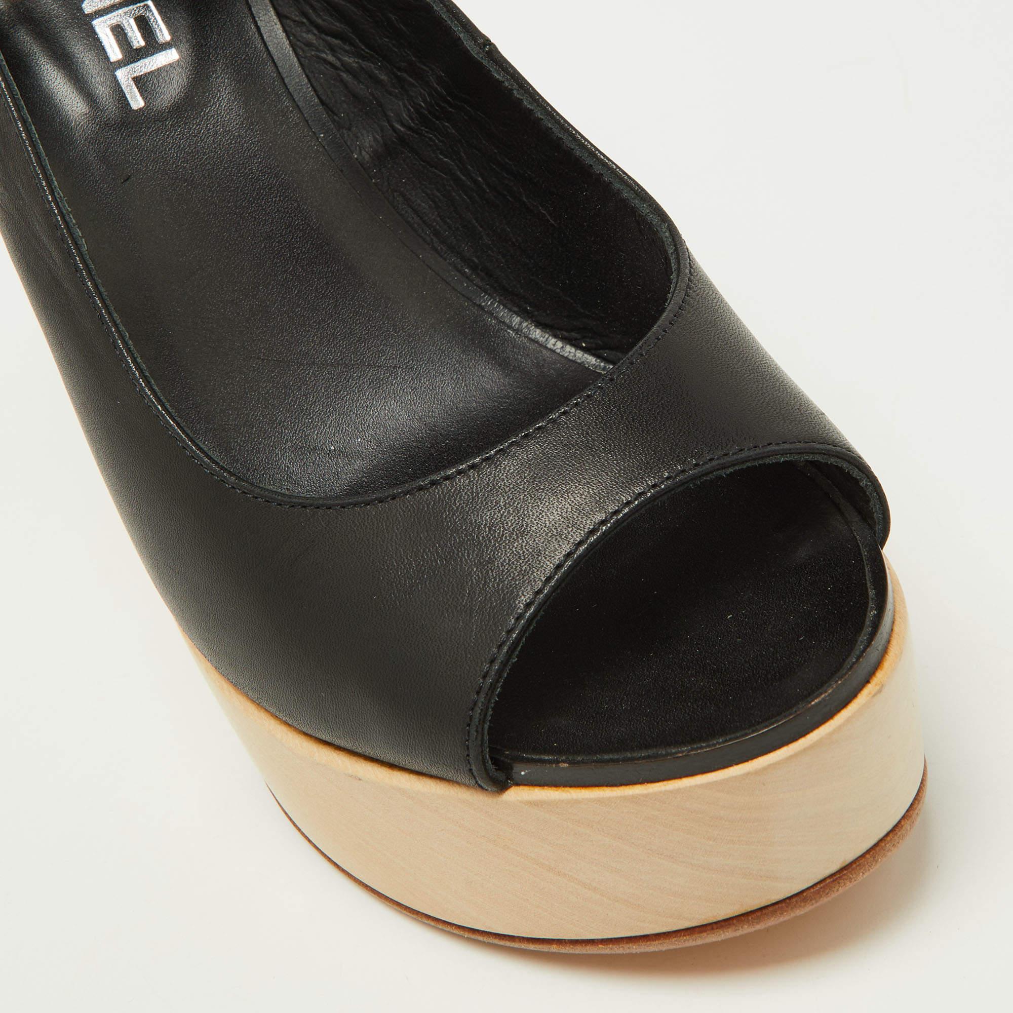 Chanel Black Leather Wooden Block Heel Slingback Platform Pumps Size 39 4