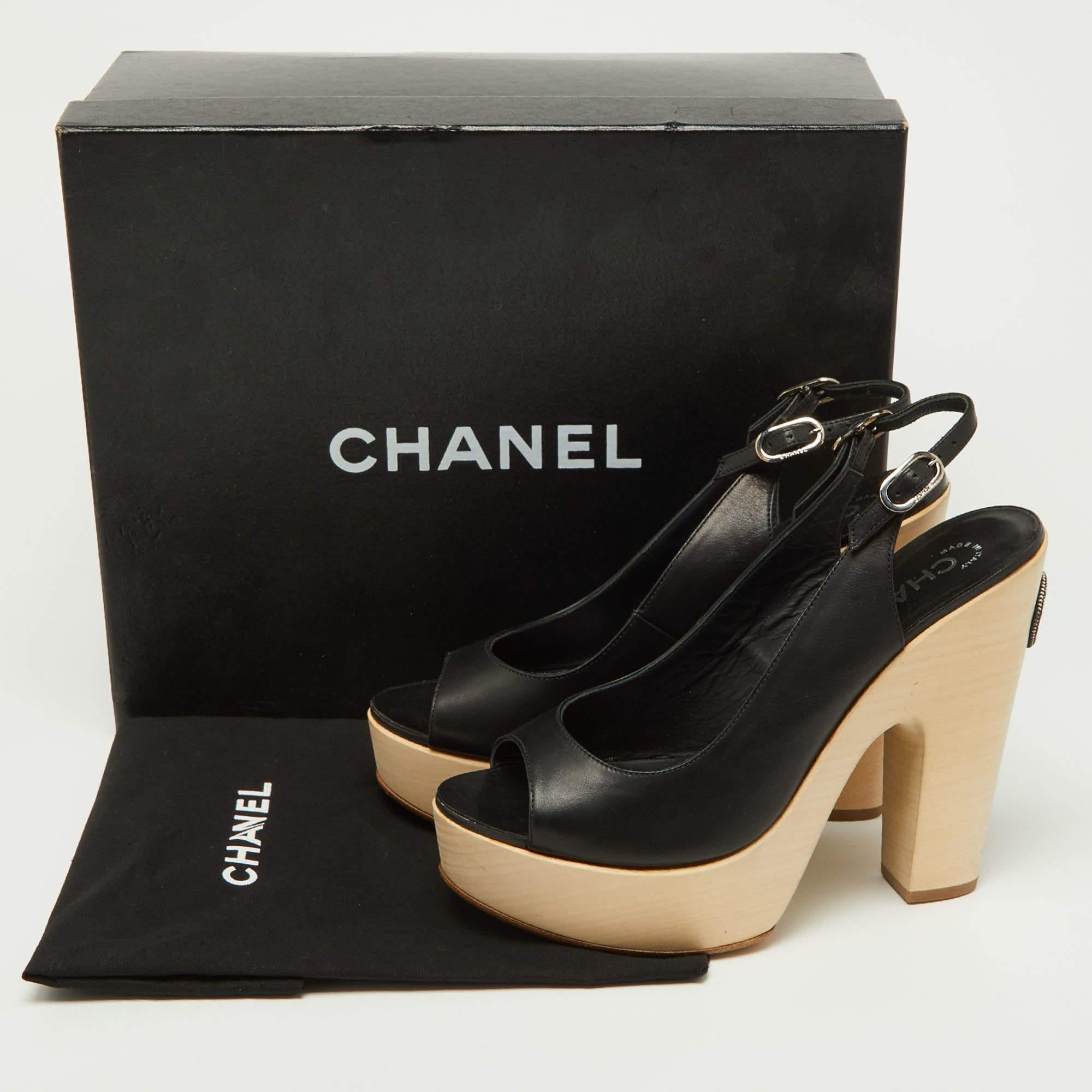 Chanel Black Leather Wooden Block Heel Slingback Platform Pumps Size 39 5