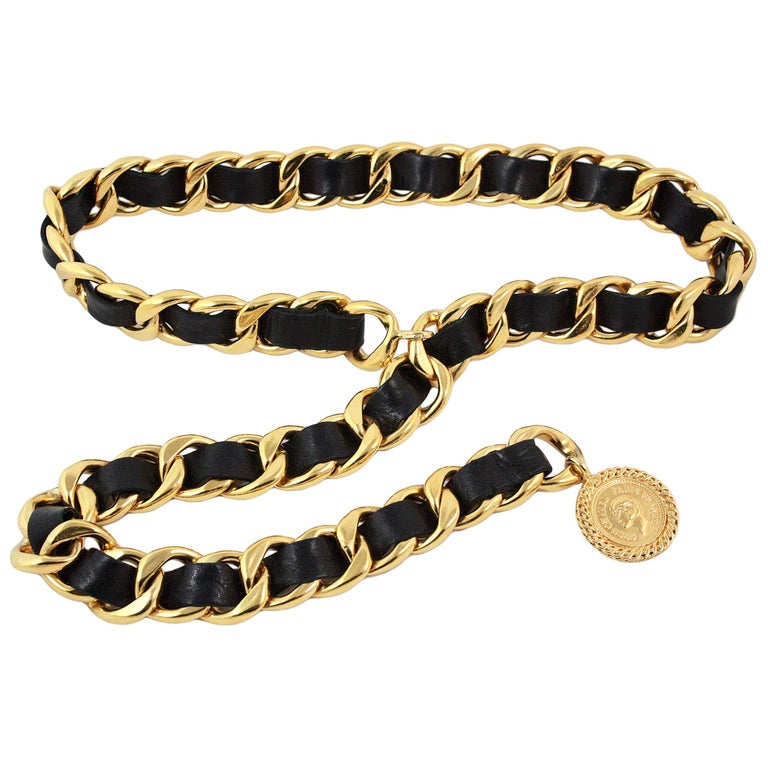 Chanel Black Leather Woven Gold Chain Belt For Sale at 1stdibs