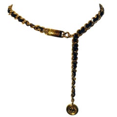 Chanel Black Leather Woven into Gold Chain "Coin" Belt , Circa 1990's