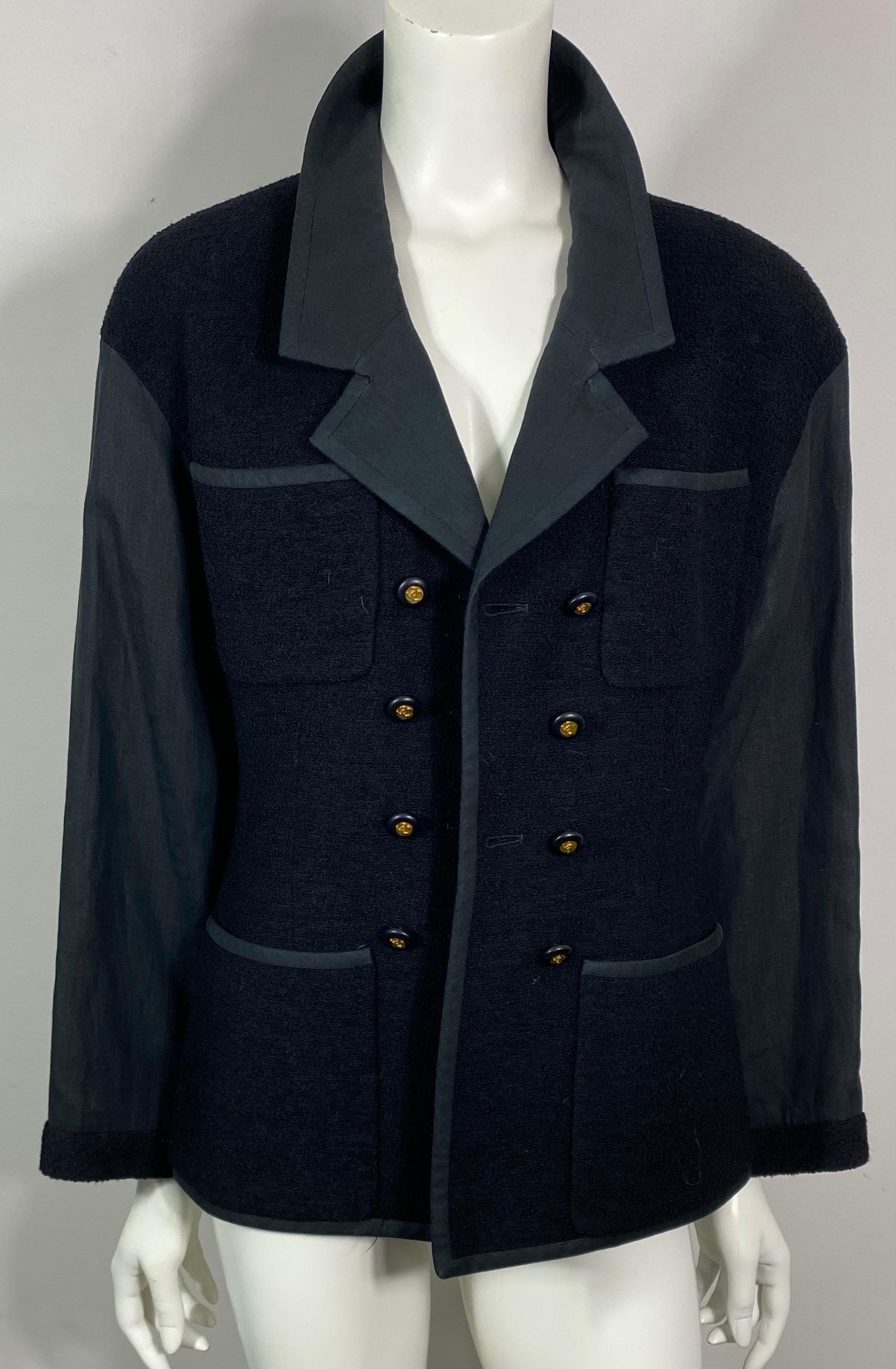Chanel Printemps 1994 Combinaison jupe croisée en lin et laine noire - Taille 40 en vente 6