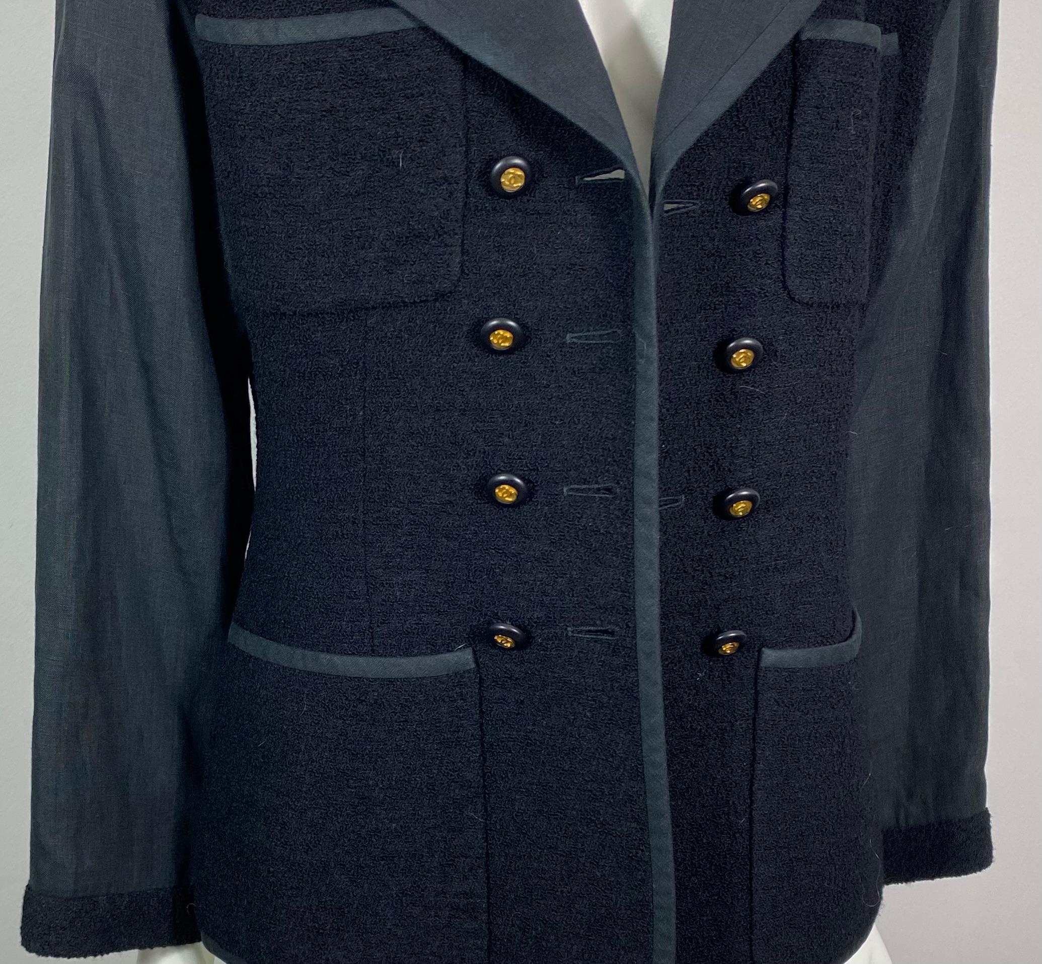 Chanel Printemps 1994 Combinaison jupe croisée en lin et laine noire - Taille 40 en vente 7