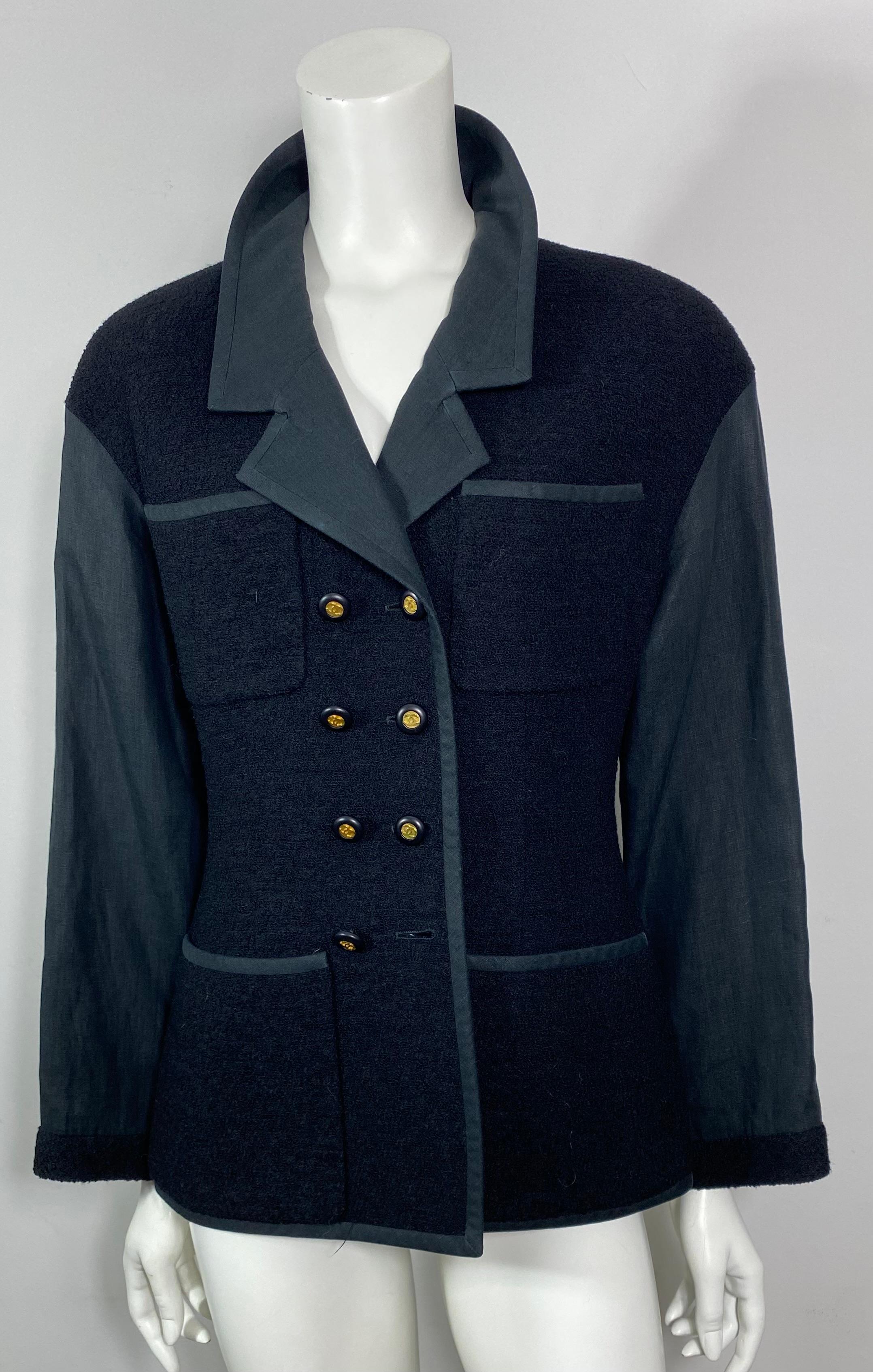 Chanel Printemps 1994 Combinaison jupe croisée en lin et laine noire - Taille 40 en vente 10