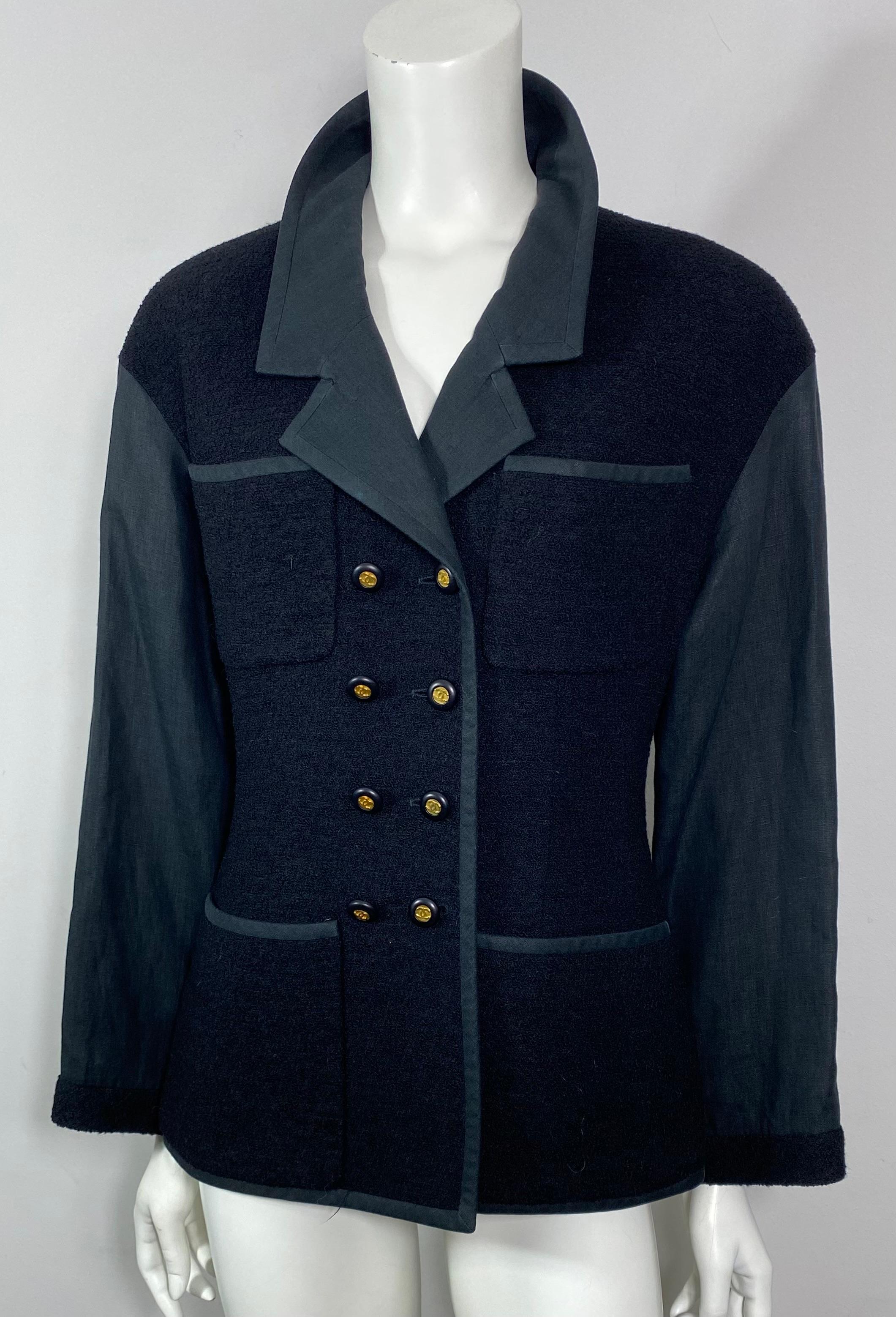 Chanel Printemps 1994 Combinaison jupe croisée en lin et laine noire - Taille 40 en vente 11