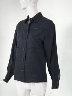 Chanel Black Linen Drawn Work Blouse Clover Buttons