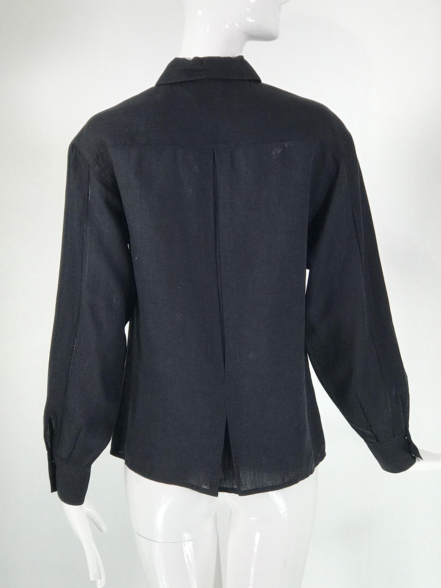 Chanel Black Linen Drawn Work Blouse Clover Buttons In Good Condition In West Palm Beach, FL
