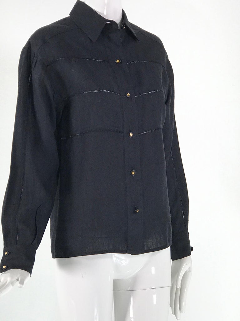 Chanel Black Linen Drawn Work Blouse Clover Buttons For Sale 4