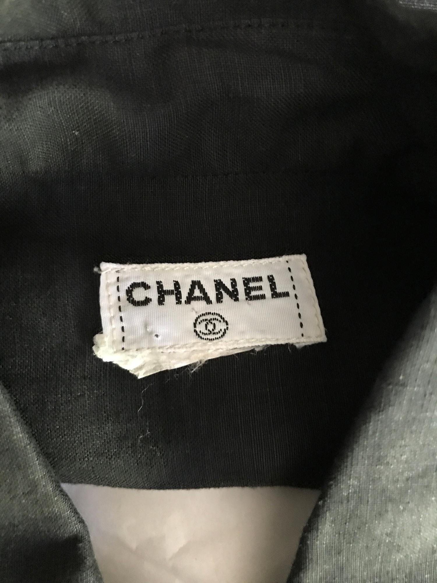Chanel Black Linen Drawn Work Blouse Clover Buttons 3