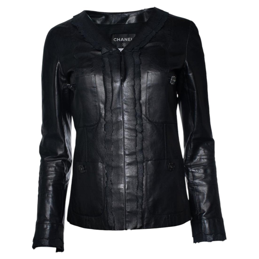 Chanel, black little 4 pocket ruched jacket in leather
