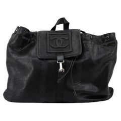 Chanel Black Lizard Embossed Leather Sport Line Drawstring Backpack