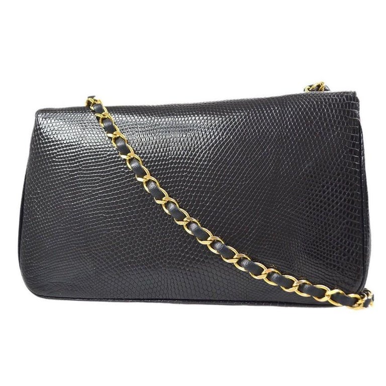 CHANEL Black Lizard Exotic Leather Gold Small Full Evening Shoulder Flap Bag In Good Condition For Sale In Chicago, IL