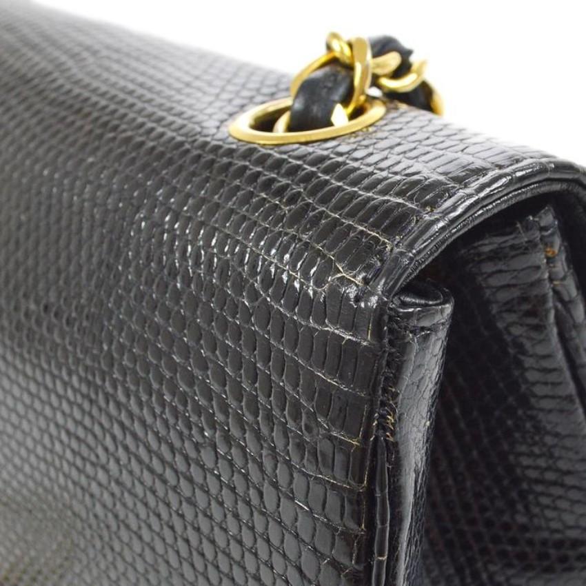 CHANEL Black Lizard Exotic Leather Gold Small Full Evening Shoulder Flap  Bag For Sale at 1stDibs