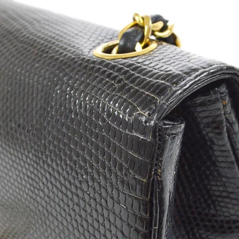 Women's CHANEL Black Lizard Exotic Leather Gold Small Full Evening Shoulder Flap Bag For Sale