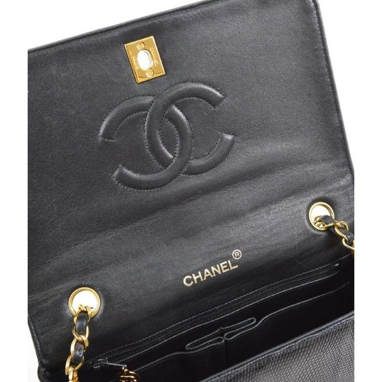 CHANEL Black Lizard Exotic Leather Gold Small Full Evening Shoulder Flap Bag For Sale 2