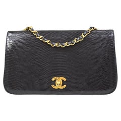 CHANEL Black Lizard Exotic Leather Gold Small Full Evening Shoulder Flap Bag