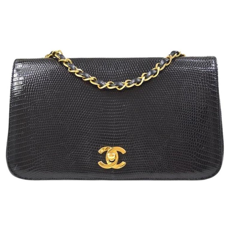 CHANEL Black Lizard Exotic Leather Gold Small Full Evening Shoulder Flap Bag For Sale