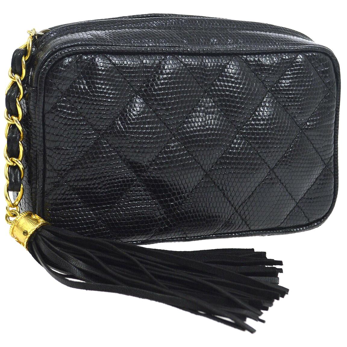 Chanel Black Lizard Exotic Leather Gold Tassel Small Evening Clutch Bag For  Sale at 1stDibs