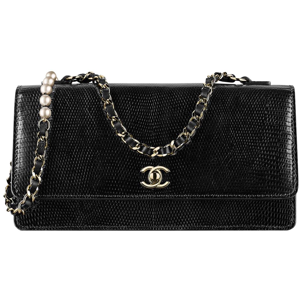 Chanel Black Lizard Exotic Pearl Gold Small Mini Evening Shoulder Flap Bag
