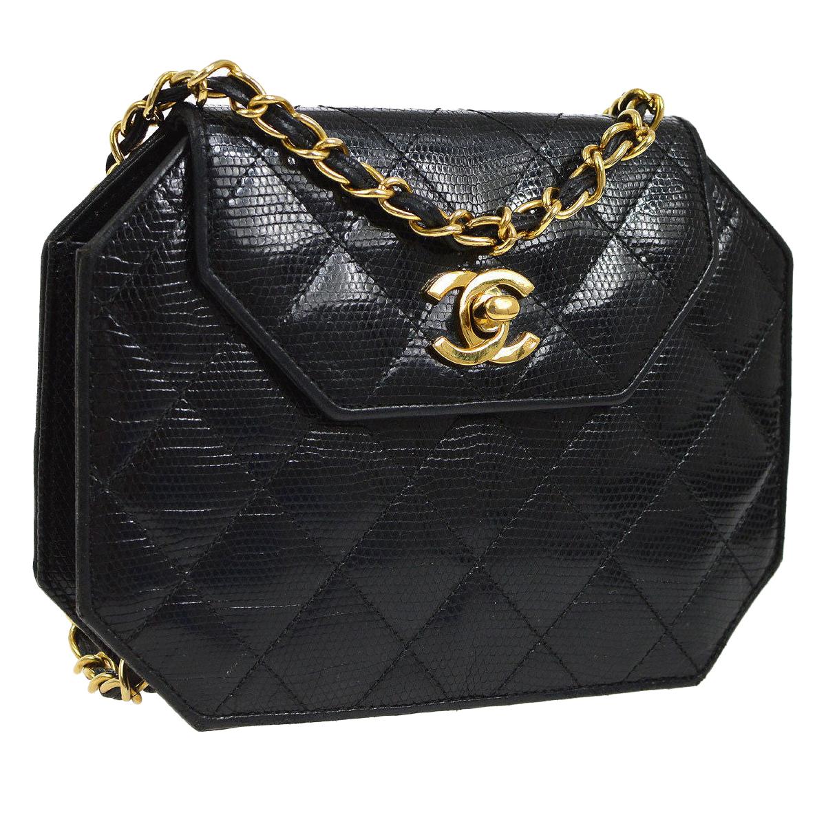 Chanel Black Lizard Exotic Skin Leather Small Evening Clutch Shoulder Flap Bag