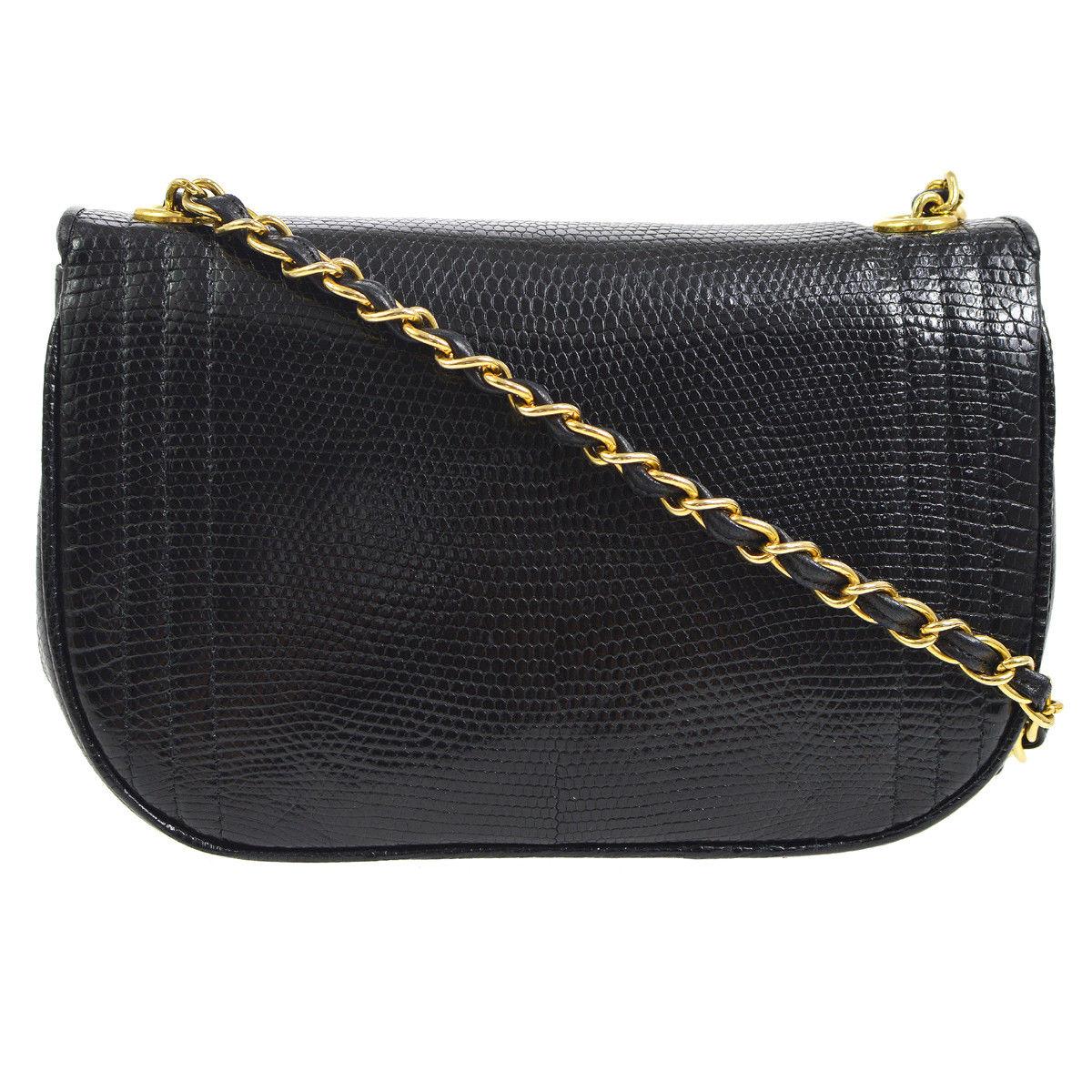 Chanel Black Lizard Half Moon Leather Evening Clutch Shoulder Flap Bag in Box In Good Condition In Chicago, IL