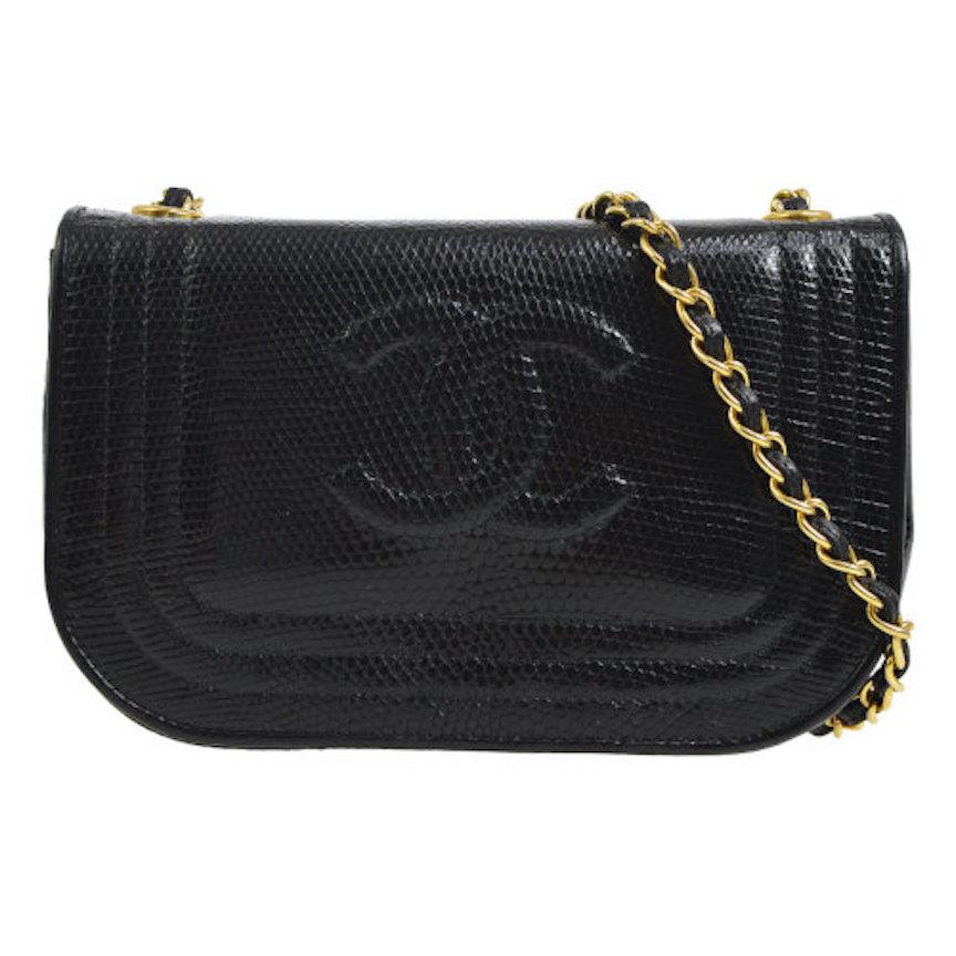 Chanel Black Lizard Half Moon Leather Evening Clutch Shoulder Flap Bag in Box
