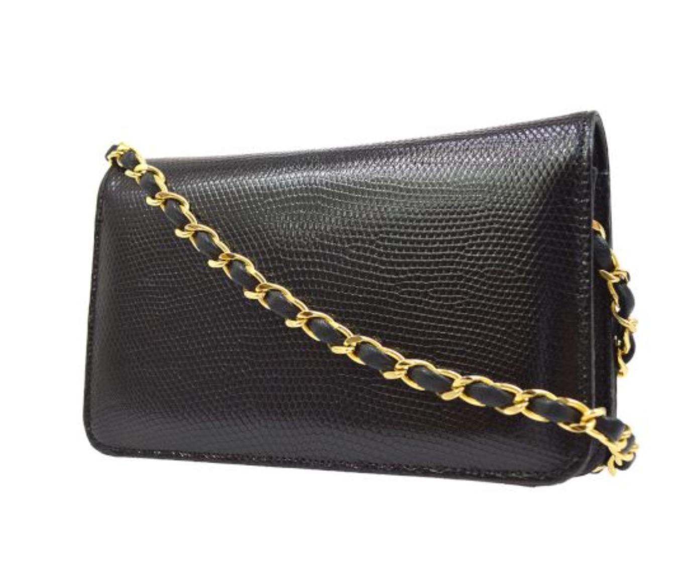 Chanel Black Lizard Leather Exotic Leather Gold Small Shoulder Flap Bag in Box In Good Condition In Chicago, IL