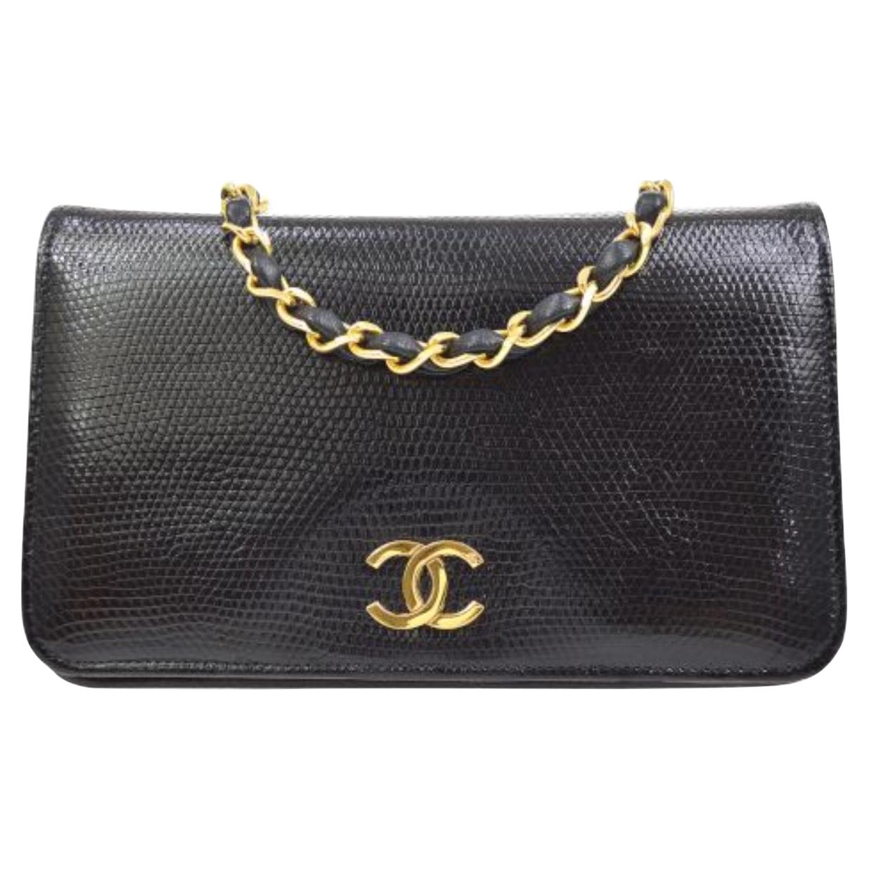 Chanel Black Lizard Leather Exotic Leather Gold Small Shoulder Flap Bag in Box
