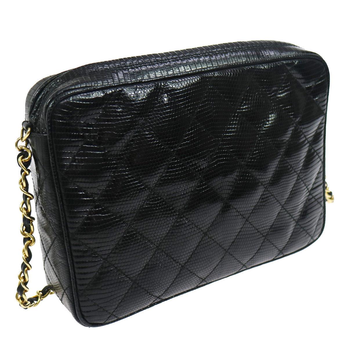 Women's Chanel Black Lizard Leather Gold Evening Camera Shoulder Bag
