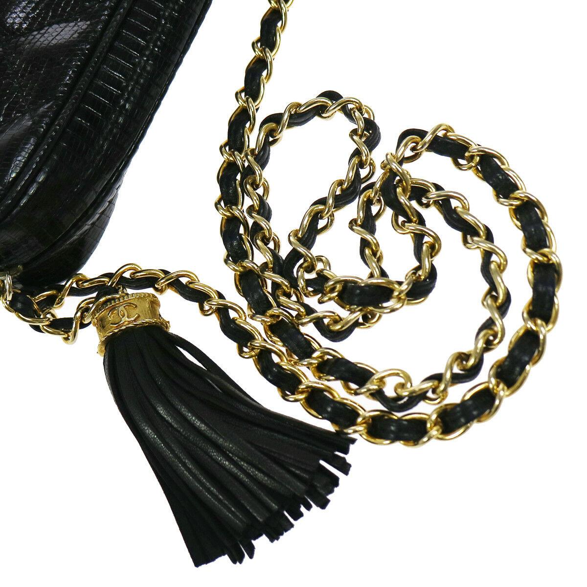 Chanel Black Lizard Leather Gold Evening Camera Shoulder Bag In Excellent Condition In Chicago, IL