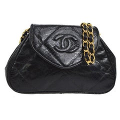 Chanel Black Lizard Leather Small Party Evening Clutch Shoulder Flap Bag 