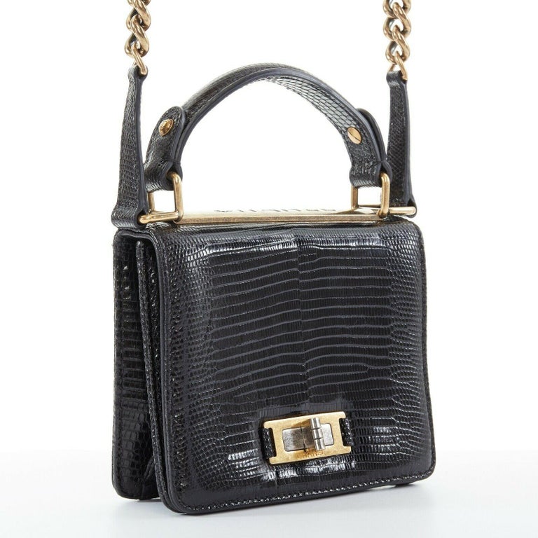 CHANEL black lizard leather top handle flap turn lock gold chain