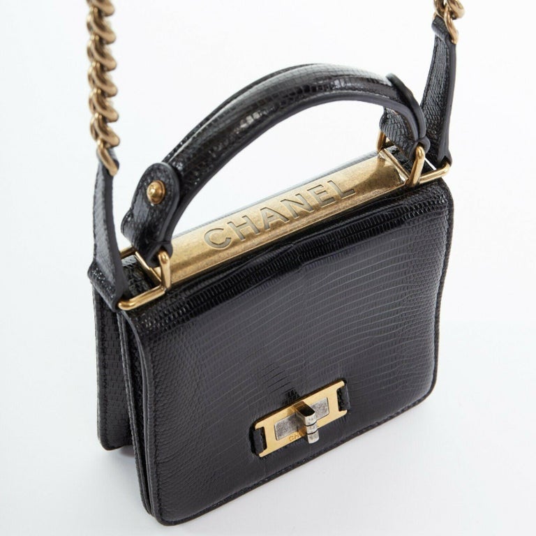 CHANEL black lizard leather top handle flap turn lock gold chain