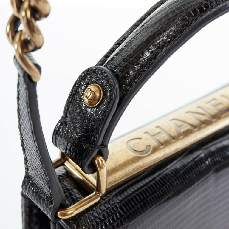 CHANEL black lizard leather top handle flap turn lock gold chain