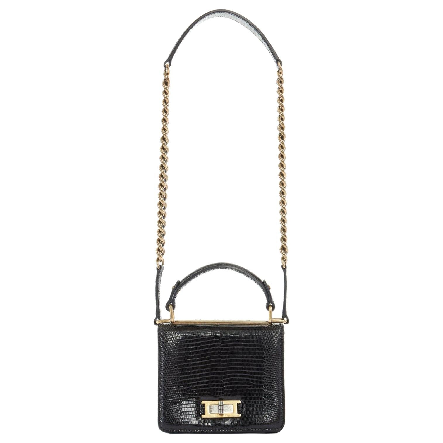 CHANEL black lizard leather top handle flap turn lock gold chain